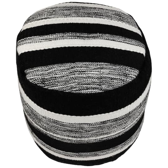 18" Black & White Woven Stripes Outdoor Pouf Ottoman